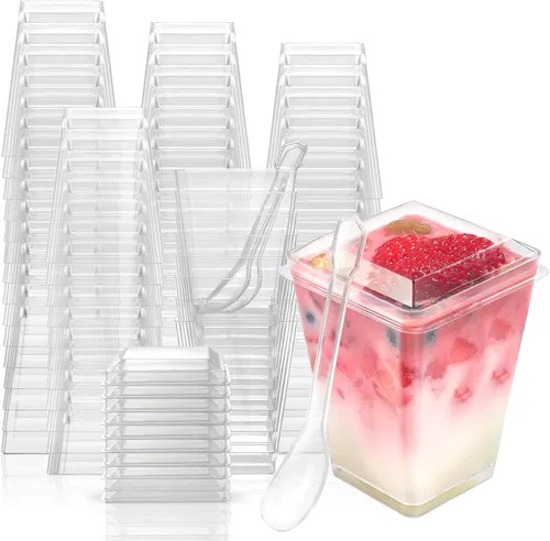 Vista 8 de EASERCY 60 tazas de postre de plástico de 5 onzas con tapas y cucharas