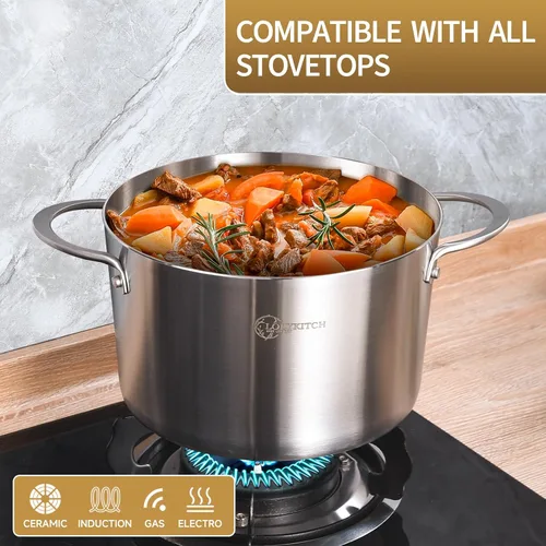 Vista 3 de LOLYKITCH Olla de Stock de Acero Inoxidable de Tres Capas de 3 QT con Tapa y Vaporera, Olla de Cocina por Inducción, Utensilios de Cocina al Vapor
