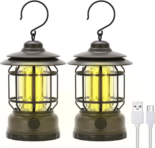 Vista 8 de Faroles LED para campamento, estilo vintage, color negro, paquete de 2 Recargable, portátil, atenuación continua, impermeable IP44, luz colgante