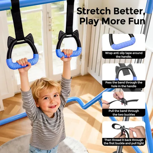 Vista 6 de Sportsroyals Barra de gimnasia para niños, barras horizontales de gimnasia de altura ajustable, barra de gimnasia plegable para el hogar, color rosa
