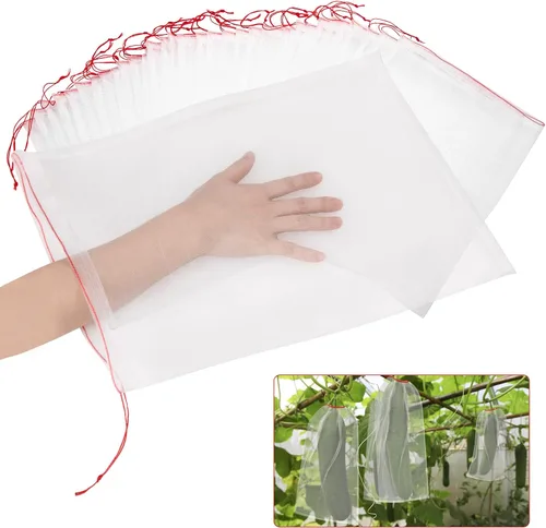 Vista 11 de Kikhope 100 bolsas de protección de frutas, bolsas de red de jardín de 6 x 4 pulgadas con cordón, bolsas de red de frutas, bolsas de barrera de red