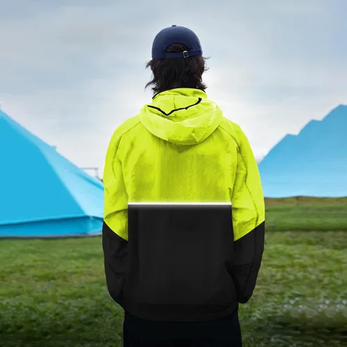 Vista 7 de Chaqueta de lluvia para hombre con capucha, impermeable, rompevientos, ligera, para senderismo, impermeable, reflectante