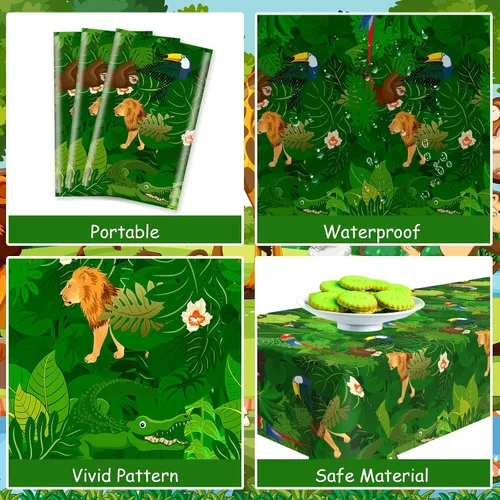 Vista 5 de Domgoge Mantel de plástico con diseño de safari de selva, rectangular, desechable, impermeable, para decoración de fiestas de cumpleaños de niños, 2