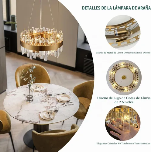 Vista 8 de Siljoy - Candelabro de cristal moderno, 12 luces, lujoso, redondo, de 2 niveles, con cristal K9 en forma de gota de lluvia, lámpara colgante de Oro