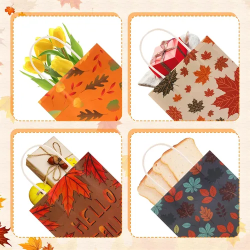 Vista 5 de Tenceur 24 bolsas de regalo de otoño de papel kraft a granel, bolsas de regalo naranja, elementos de hoja de arce, bolsas de dulces con asas