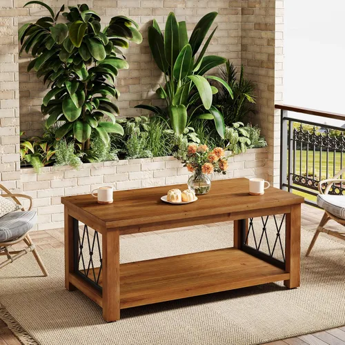 Vista 8 de Mesa auxiliar de madera maciza de 47.2 pulgadas, diseño de almacenamiento de 2 niveles, mesa de cóctel central rectangular de granja, marco de metal