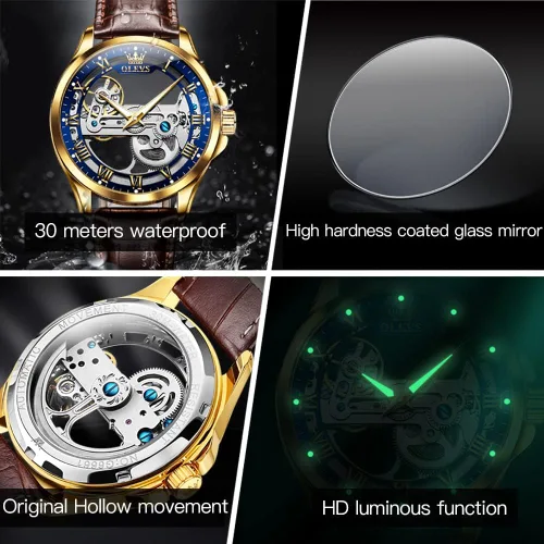 Vista 30 de OLEVS Relojes de esqueleto para hombre, automático, mecánico, de lujo, de cuero, impermeable, luminoso, reloj de pulsera para hombre