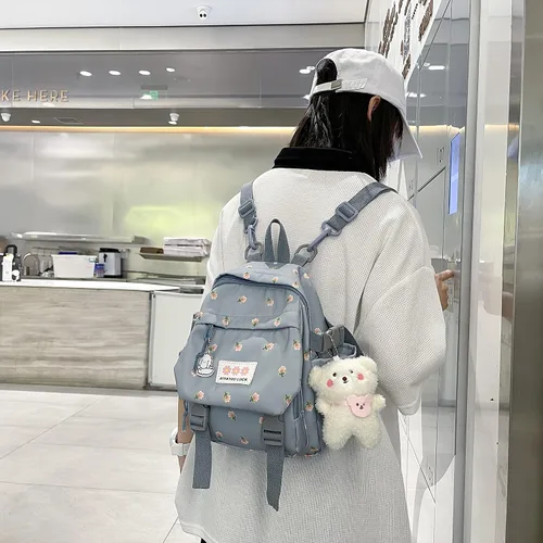 Vista 8 de kakarin choyx Mochila estética Kawaii de 10.6 pulgadas con colgante mini mochila linda mochila japonesa bolsa de flores, Azul, Kawaii