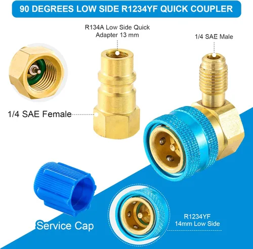 Vista 2 de Adaptador R1234YF a R134A, 90 grados R134a a R1234yf Adaptadores Laterales de alta y baja presión Kit de acopladores rápidos R1234yf, adaptadores