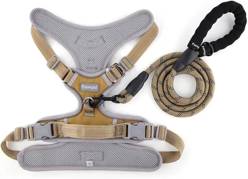 Vista 4 de Arnés ajustable para perro, sin tirones, reflectante, acolchado suave para perros pequeños, medianos y grandes, incluye correa y collar, beige, XS