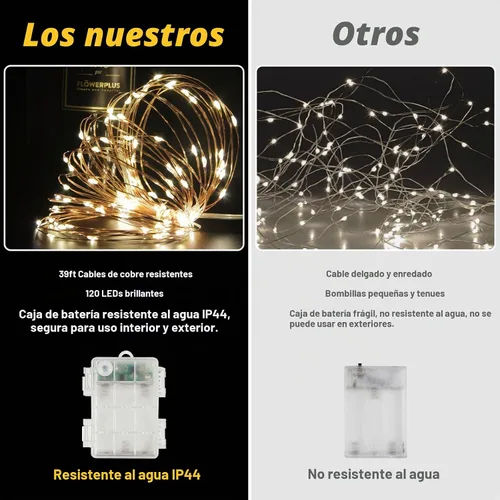 Vista 8 de Guirnalda de luces LED a pilas, 39 pies, 120 luces LED que cambian de color con control remoto, funciona con pilas, alambre de cobre impermeable
