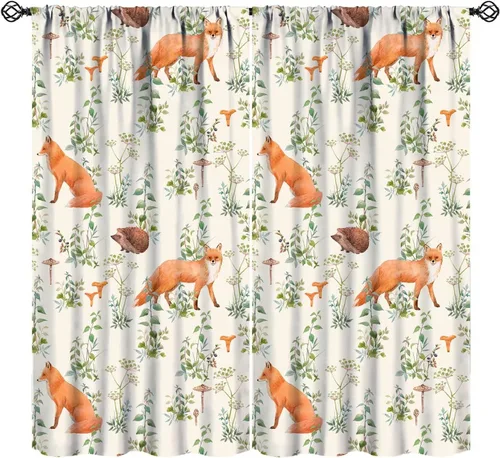 Vista 15 de Cortinas opacas de dibujos animados de animales de bosque naranja, zorro, flores, luna, hojas azules, arte abstracto, niños y niñas, decoración