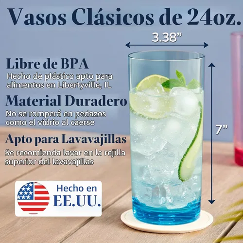 Vista 2 de Vasos de plástico reutilizables US Acrylic Classic (juego de 6) de 24 onzas, tazas de té helado de colores surtidos Vasos sin BPA, fabricados