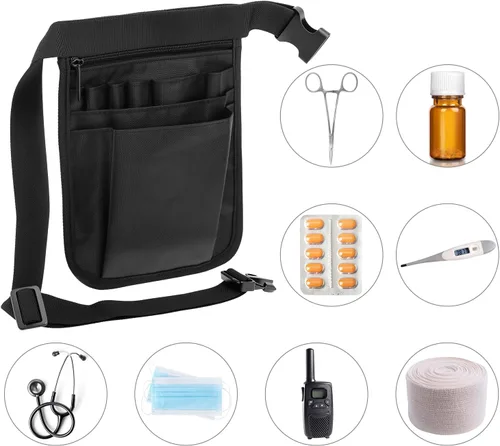 Vista 5 de QWORK Cinturón Organizador Médico, Paquete de 2 Bolsas de Almacenamiento para Enfermeras Bolsa de Cintura Bolsillos para Tijeras Médicas Kit