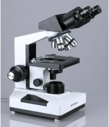 Vista 2 de AmScope Microscopio binocular compuesto B490B-LED, oculares WF10x y WF20x, aumento 40X-2000X, Brightfield, iluminación LED, condensador Abbe, etapa