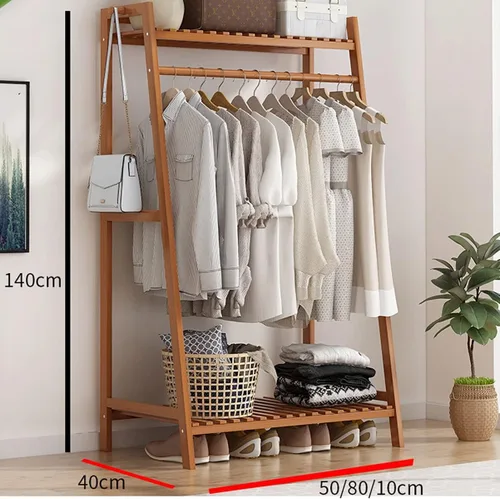 Vista 5 de Perchero independiente de madera maciza con 2 estantes, organizador de armario para dormitorio, ahorro de espacio (marrón, 19.7 in)