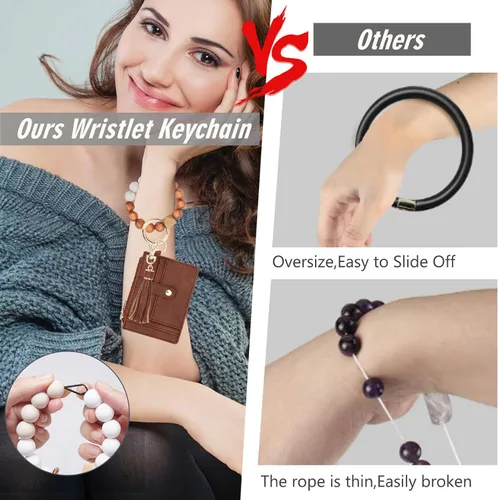 Vista 4 de KNGITRYI Cartera llavero pulsera para mujer, delgado RFID tarjeta de crédito, monedero, borla llavero brazalete para hombres y mujeres, Marrón, Rfid