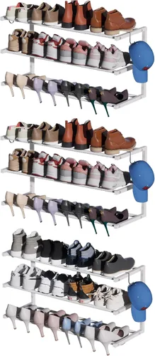 Vista 9 de Zapatero para montar en la pared, zapatero colgante de 3 niveles con capacidad para 12 pares, organizador de zapatos de metal resistente ajustable