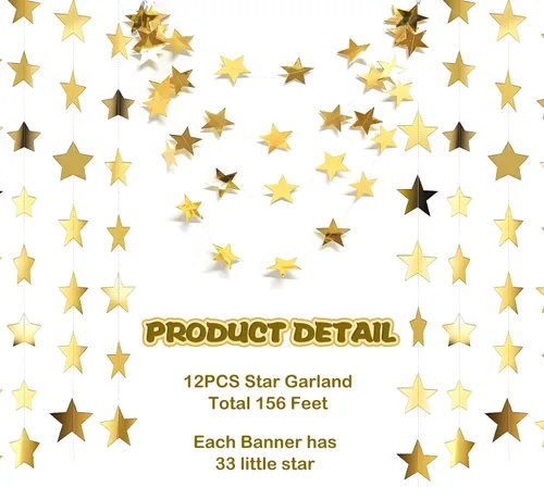 Vista 3 de Guirnalda de estrellas doradas con purpurina de 158 pies, 12 unidades, decoración reflectante de papel de estrella pequeña, decoración colgante