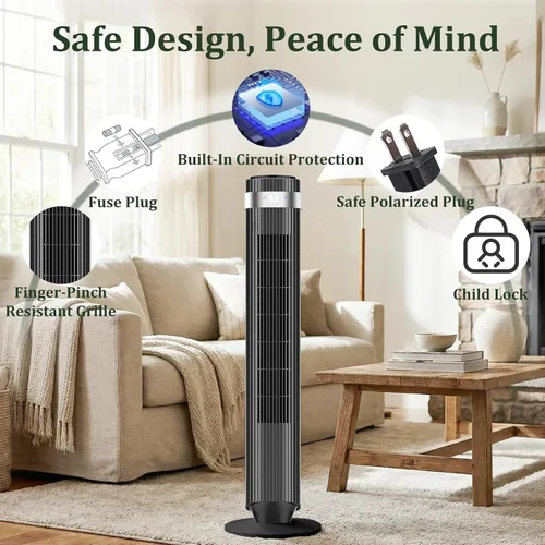 Vista 8 de Ventilador de torre para dormitorio, ventilador oscilante silencioso sin aspas de 28 dB con control remoto, 5 velocidades y 4 modos, temporizador