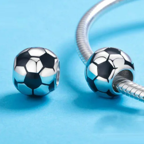 Vista 4 de Dijes de cuentas de fútbol con esmalte blanco y negro de plata de ley 925 para pulsera Pandora, Plata esterlina