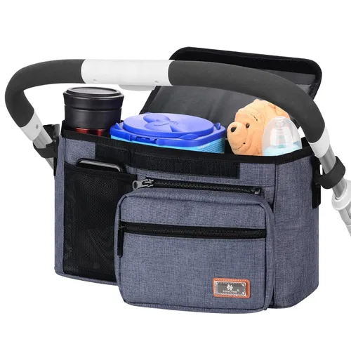 Vista 4 de Homlynn Organizador universal para cochecito, bolsa de almacenamiento grande con portavasos y correas de hombro y bolsillo desmontable, carrito