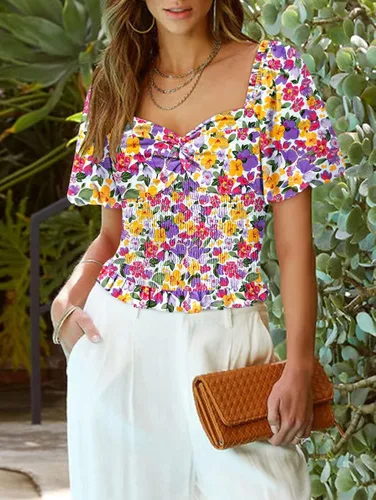 Vista 3 de DOROSE Blusa de manga abombada para mujer, con cuello de corazón, parte delantera fruncida