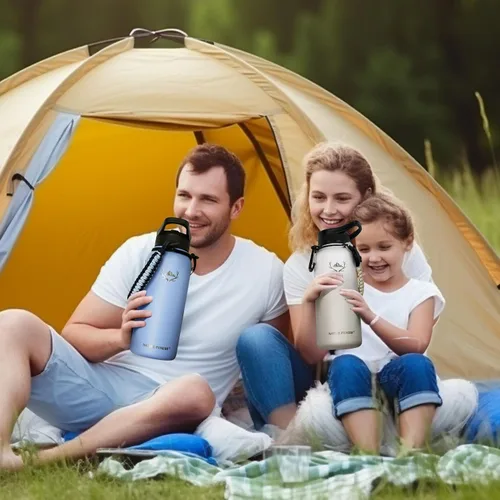 Vista 9 de NATURE PIONEOR Botellas de agua aisladas con mango de paracord - Botella de agua deportiva al vacío de boca ancha de 32 onzas con 3 tapas, acero