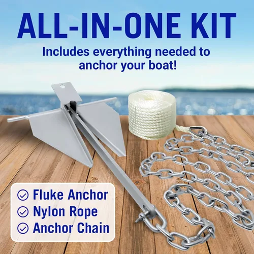 Vista 2 de Kit de anclaje para lancha pesada Fluke Anchor con cadena de anclaje y cuerda de anclaje para lancha para incluir anclajes de barco para barcos