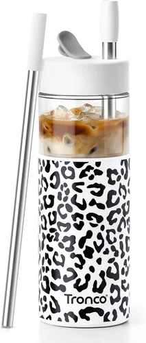 Vista 11 de Tronco Vaso de vidrio de 24 onzas con tapa y popote, taza de café helado, taza de batido con tapa de silicona para té Boba, hogar, oficina, viajes