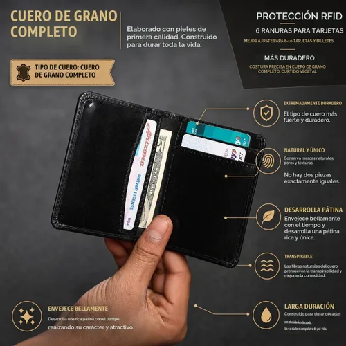 Vista 2 de FOXHACKLE Tarjetero de cuero de grano completo para hombres y mujeres, billetera delgada y plegable con bloqueo RFID, bolsillo frontal delgado Negro