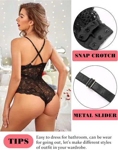 Vista 5 de Avidlove - Lencería sexy de encaje para mujer, body con escote pronunciado, babydoll de una pieza con broche de presión en la entrepierna