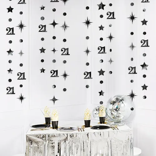 Vista 5 de Guirnalda de número 21 en negro con puntos circulares y estrellas centelleantes, metálica, para colgar, banderines, banner, telón de fondo