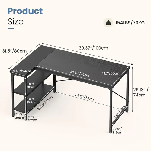 Vista 3 de DUMOS 39" L Shaped Computer Desk, Gaming Corner Desks with Storage Shelves Home Office PC Table, Writing Working Study Desk with Reversible