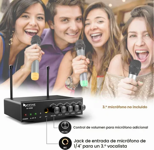 Vista 2 de FIFINE Micrófono de mano inalámbrico UHF de doble canal, fácil de usar, sistema inalámbrico para karaoke K036
