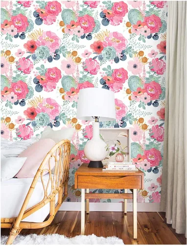 Vista 2 de Papel tapiz removible con diseño floral de cactus rosa, azul marino, vinilo autoadhesivo y prepegado decorativo para niñas y mujeres, armarios