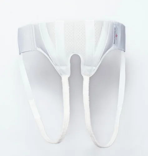 Vista 4 de Cinturón de soporte y braguero de doble hernia blanco ajustable con almohadillas de compresión - Pequeño
