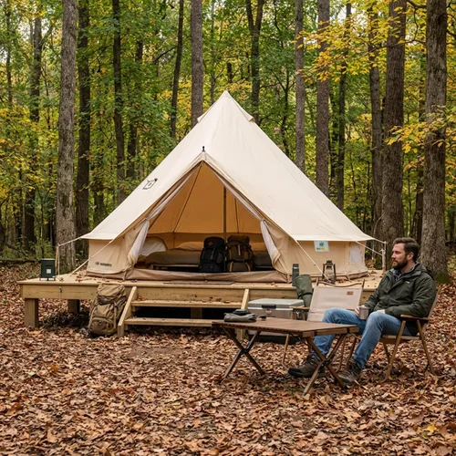 Vista 5 de Tienda de campaña Bell Yurt con gato de estufa, tienda de campaña de lujo impermeable para 4 estaciones, tela Oxford 420D, tiendas de campaña verde