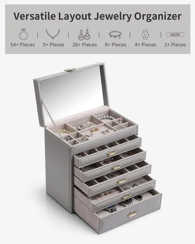 Vista 2 de Vlando Joyero grande, organizador de joyas con 5 cajones, cajas de joyería de cuero sintético para mujeres, anillos, pulseras, aretes, collares