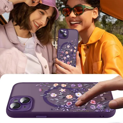 Vista 6 de Magnético para iPhone 13 con protector de pantalla [Compatible con MagSafe] Diseño de patrón floral de flores bonitas, funda delgada a prueba