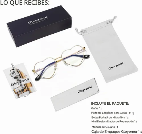 Vista 7 de Gleyemor Gafas de luz azul en forma de corazón para mujer, bonitas gafas de computadora 01 Dorado