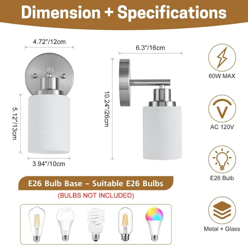 Vista 2 de Paquete de 2 luces de tocador de 1 luz, lámpara de baño de níquel cepillado con pantalla de vidrio blanco lechoso texturizado, accesorio
