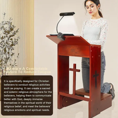 Vista 6 de Taburete de banco de oración con lámpara LED, silla de mesa acolchada y estante plegable de madera para iglesia
