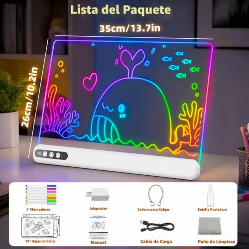 Vista 6 de Tablero de dibujo LED de 16 pulgadas para niños, tablero de notas LED recargable con 7 colores, tableta de dibujo iluminada, 7 modos dinásticos