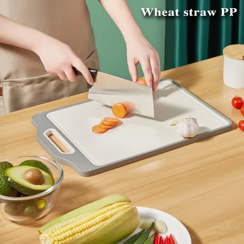 Vista 3 de Tablas de cortar de acero inoxidable para cocina, tabla de cortar de doble cara con mango, tabla de cortar inoxidable y tabla de cortar de paja