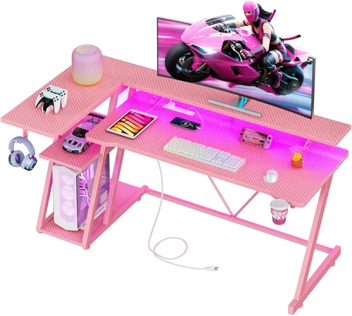Vista 16 de Korfile Escritorio para juegos de 40 pulgadas con toma de corriente y luces LED, mesa de juegos para computadora en forma de L con estantes