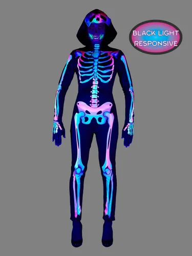 Vista 4 de Seasons Disfraz de Halloween de esqueleto arcoíris para mujer, sensible a la luz negra UV