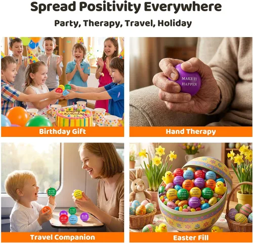 Vista 8 de LovesTown 18 bolas motivacionales para aliviar el estrés, juguetes para apretar, espuma colorida de 2 pulgadas con quetos positivos para niños