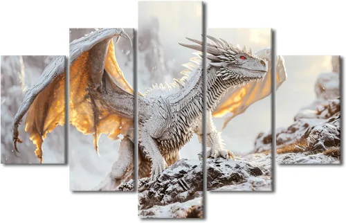 Vista 37 de Lienzo decorativo para pared de sala de estar, lienzo de dragón, 5 paneles, dragón verde, decoración de pared para el hogar, decoración de pared