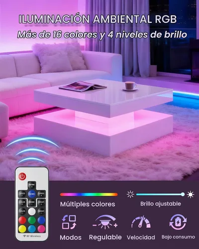 Vista 3 de FKWin Mesa de centro blanca para sala de estar, mesa de centro moderna con luces LED y almacenamiento, mesa central de sala de estar de alta